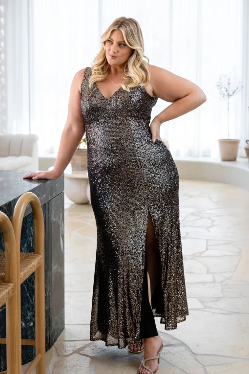 Anastasia Sequin Maxi Dress in Black & Bronze