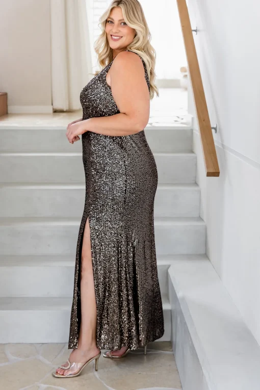 Anastasia Sequin Maxi Dress in Black & Bronze