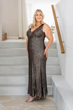 Anastasia Sequin Maxi Dress in Black & Bronze