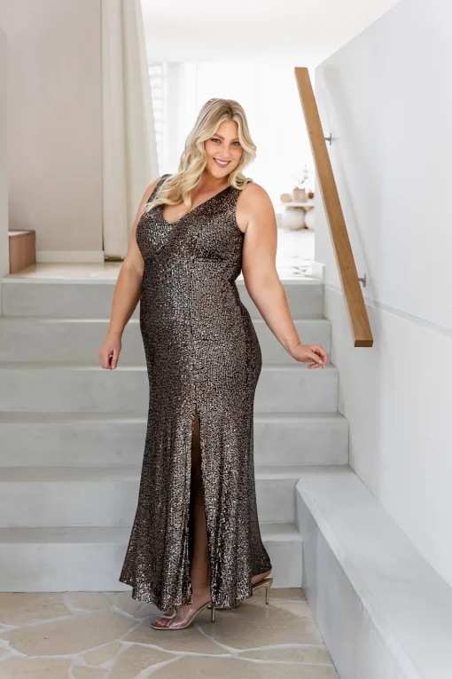 Anastasia Sequin Maxi Dress in Black & Bronze
