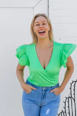 Clara Frill Sleeve Top in Green
