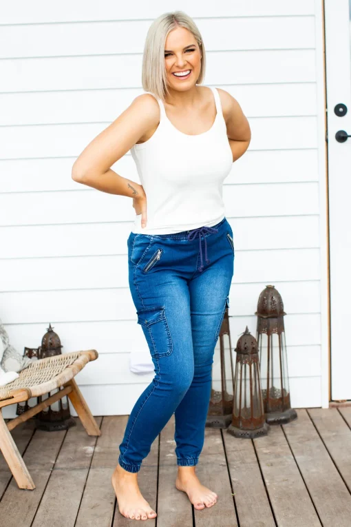 Florence Denim Joggers in Dark Blue