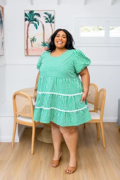 Greta Party Dress in Gingham Green