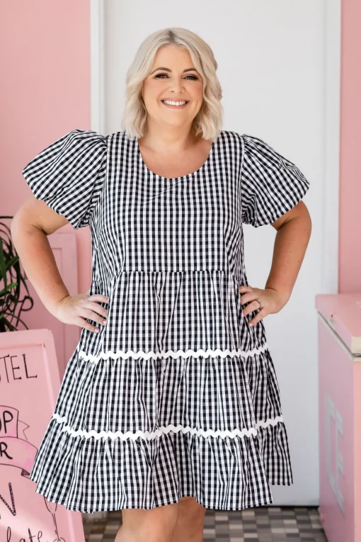 Greta Party Dress in Gingham Black