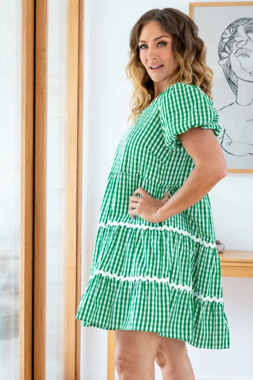 Greta Party Dress in Gingham Green