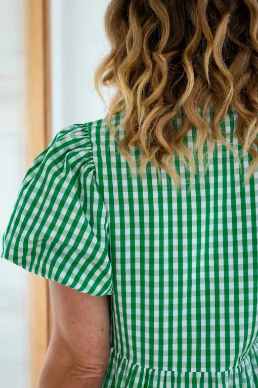 Greta Party Dress in Gingham Green