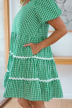 Greta Party Dress in Gingham Green