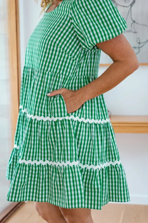 Greta Party Dress in Gingham Green