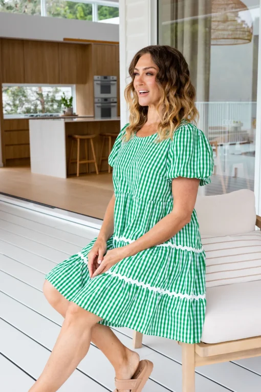 Greta Party Dress in Gingham Green