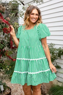 Greta Party Dress in Gingham Green