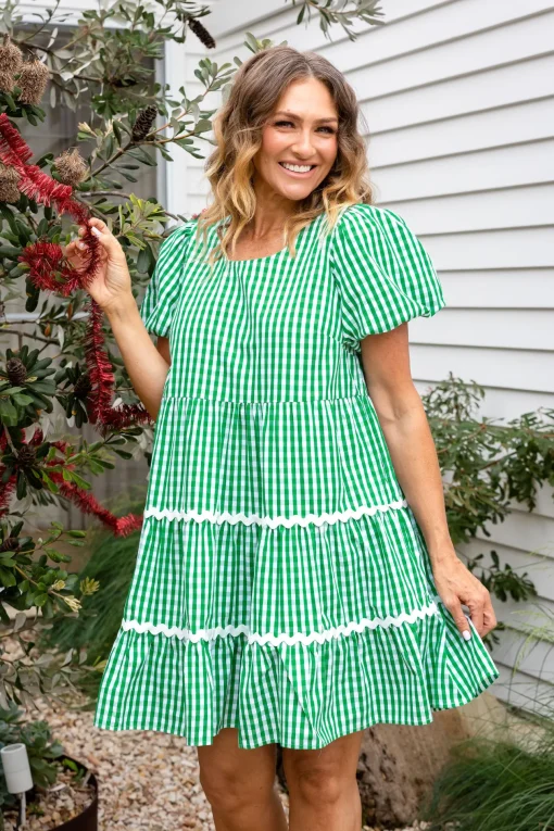 Greta Party Dress in Gingham Green