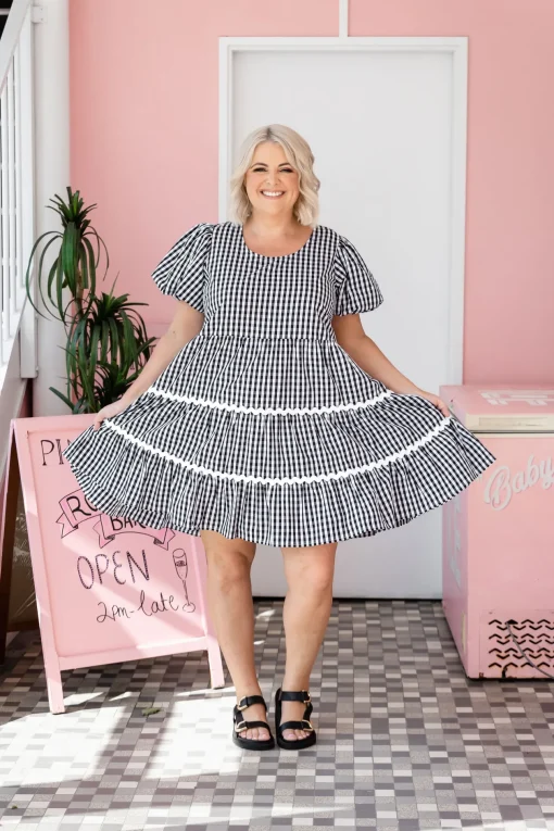 Greta Party Dress in Gingham Black