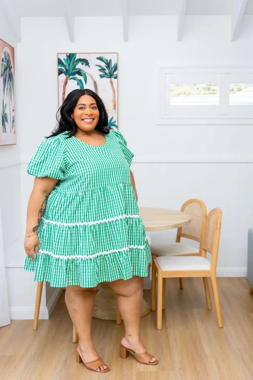 Greta Party Dress in Gingham Green