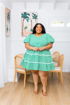 Greta Party Dress in Gingham Green