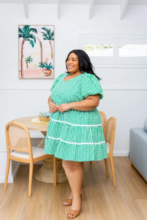 Greta Party Dress in Gingham Green