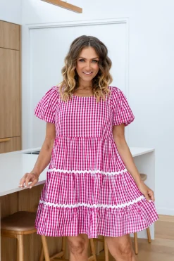 Greta Party Dress in Gingham Red