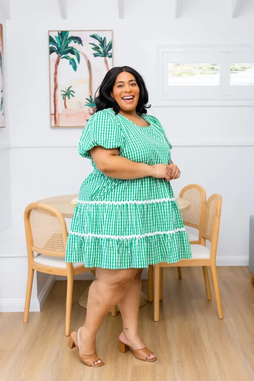 Greta Party Dress in Gingham Green