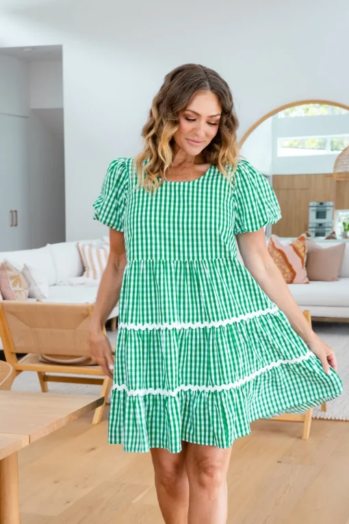 Greta Party Dress in Gingham Green