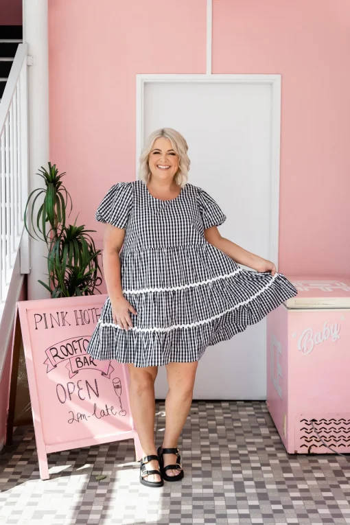 Greta Party Dress in Gingham Black