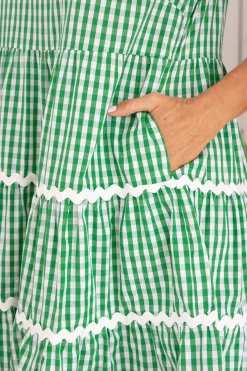 Greta Party Dress in Gingham Green