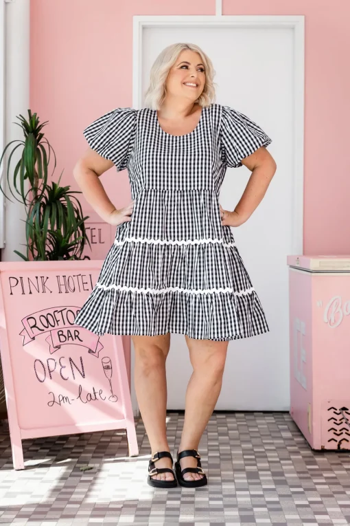 Greta Party Dress in Gingham Black