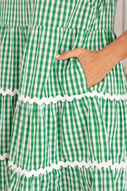Greta Party Dress in Gingham Green