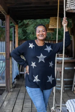 Harriet Star Sequin Knit Top in Black