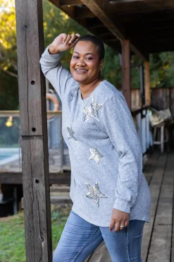 Harriet Star Sequin Knit Top in Grey