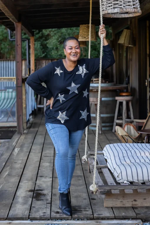 Harriet Star Sequin Knit Top in Black