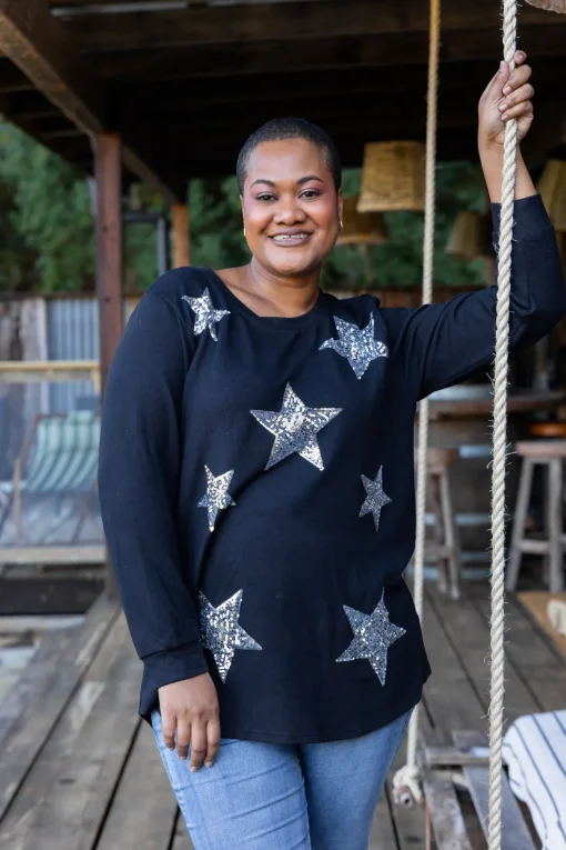 Harriet Star Sequin Knit Top in Black