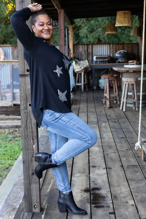 Harriet Star Sequin Knit Top in Black