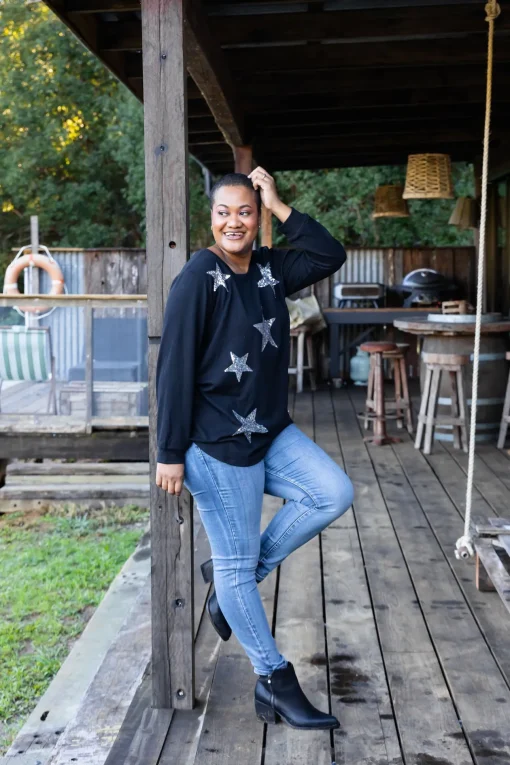 Harriet Star Sequin Knit Top in Black