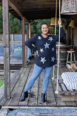 Harriet Star Sequin Knit Top in Black