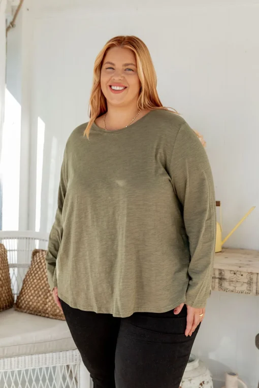 Kendall Long Sleeve Basic Top in Khaki