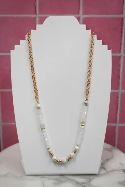 Long Bead and Chain Necklace in White