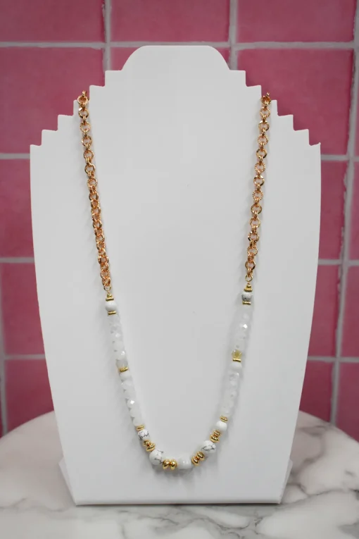 Long Bead and Chain Necklace in White