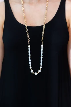 Long Bead and Chain Necklace in White