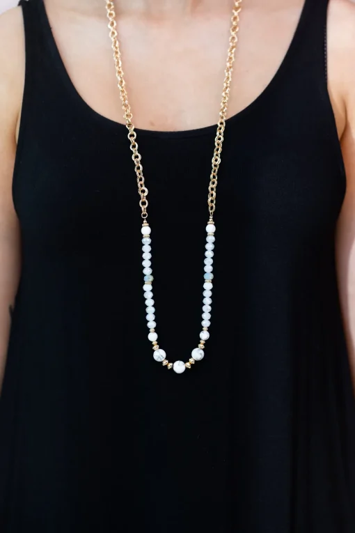 Long Bead and Chain Necklace in White