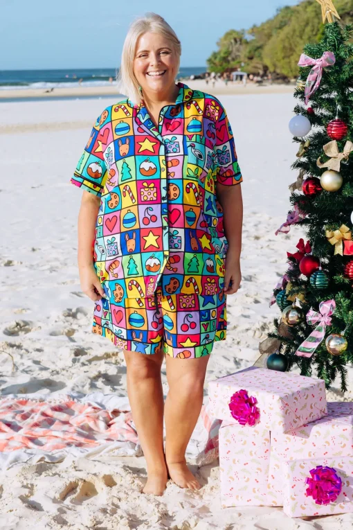 Mistletoe Shirt & Shorts Pyjama Set in Christmas Checkers by Kasey Rainbow