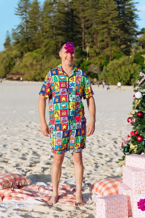 Snowman Shirt & Shorts Pyjama Set in Christmas Checkers by Kasey Rainbow