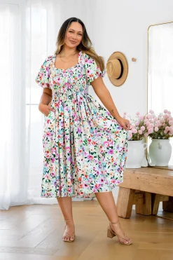 Stelle Linen Blend Midi Dress in Rose Fleur