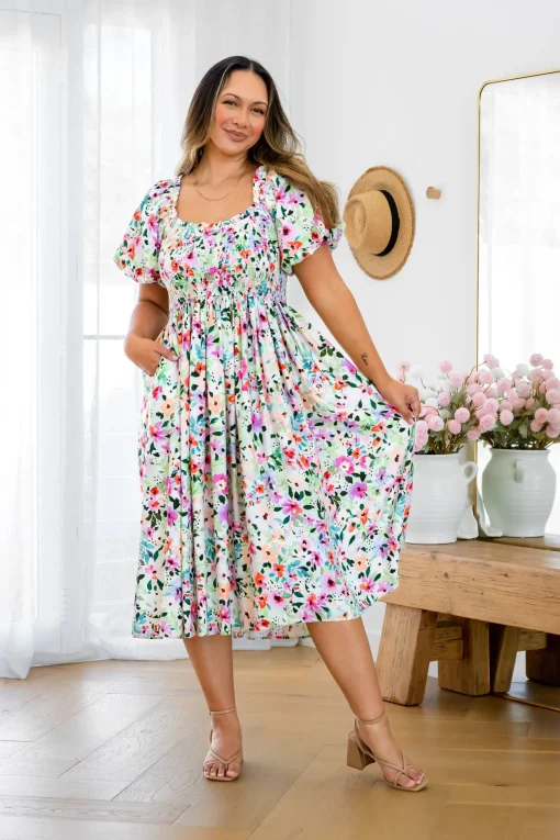 Stelle Linen Blend Midi Dress in Rose Fleur