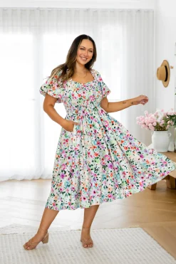 Stelle Linen Blend Midi Dress in Rose Fleur