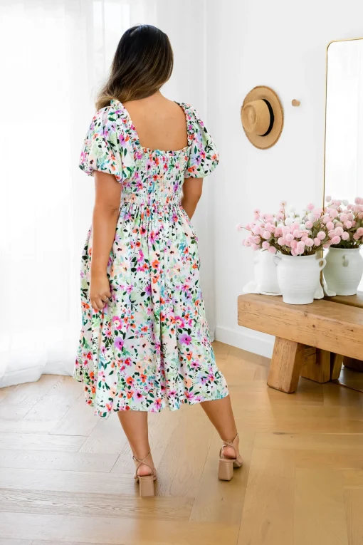 Stelle Linen Blend Midi Dress in Rose Fleur
