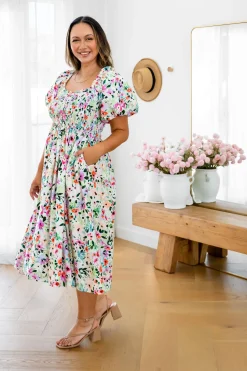 Stelle Linen Blend Midi Dress in Rose Fleur