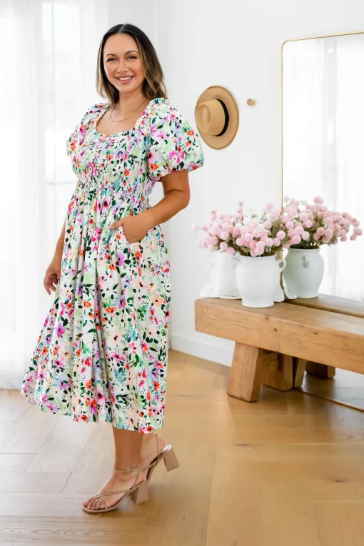 Stelle Linen Blend Midi Dress in Rose Fleur