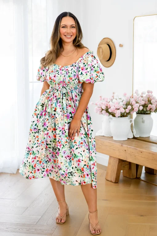 Stelle Linen Blend Midi Dress in Rose Fleur