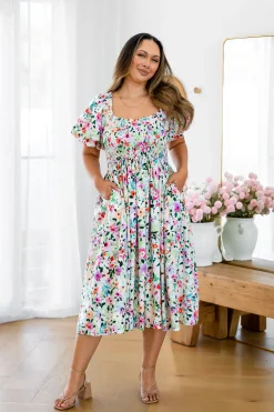 Stelle Linen Blend Midi Dress in Rose Fleur