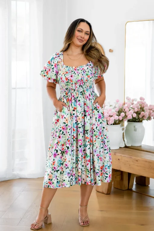 Stelle Linen Blend Midi Dress in Rose Fleur