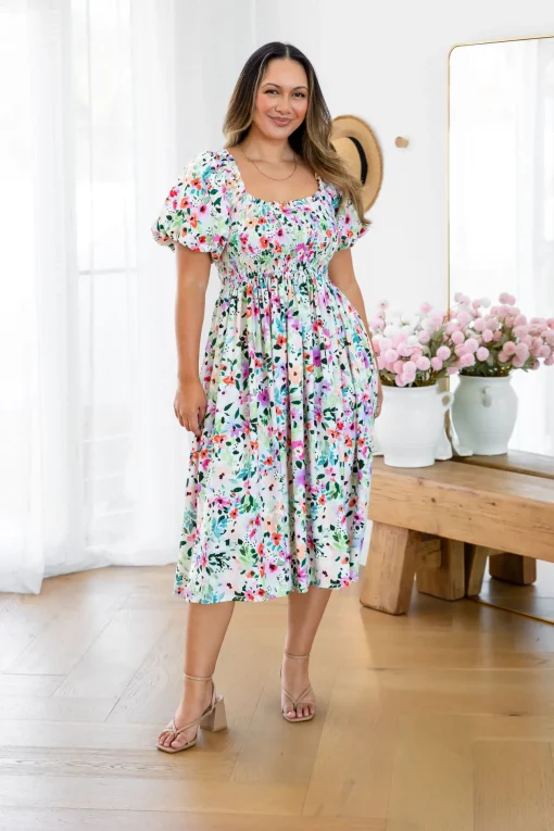 Stelle Linen Blend Midi Dress in Rose Fleur